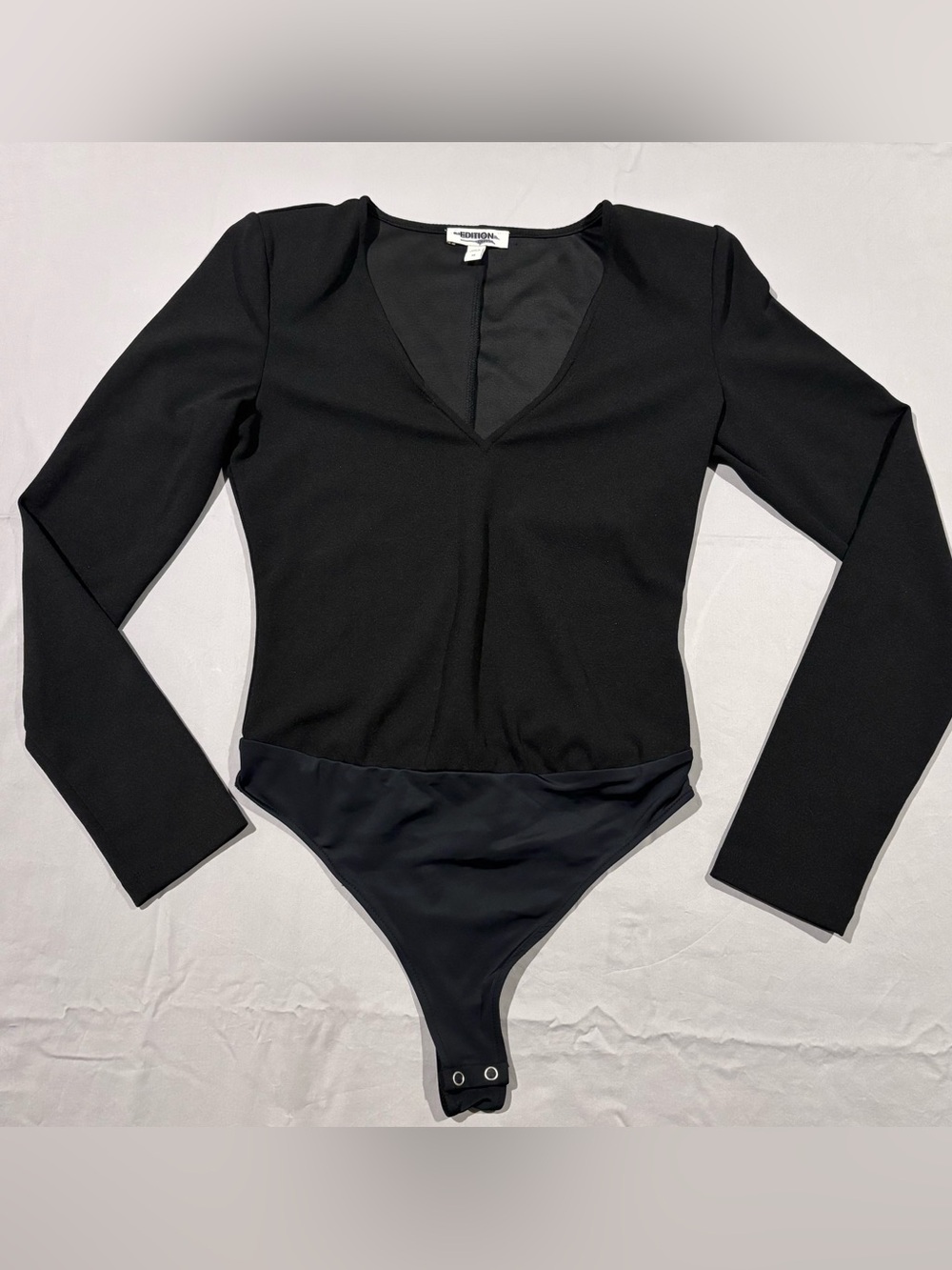 Express Black Long-Sleeve V-Neck Bodysuit with Shoulder Pads